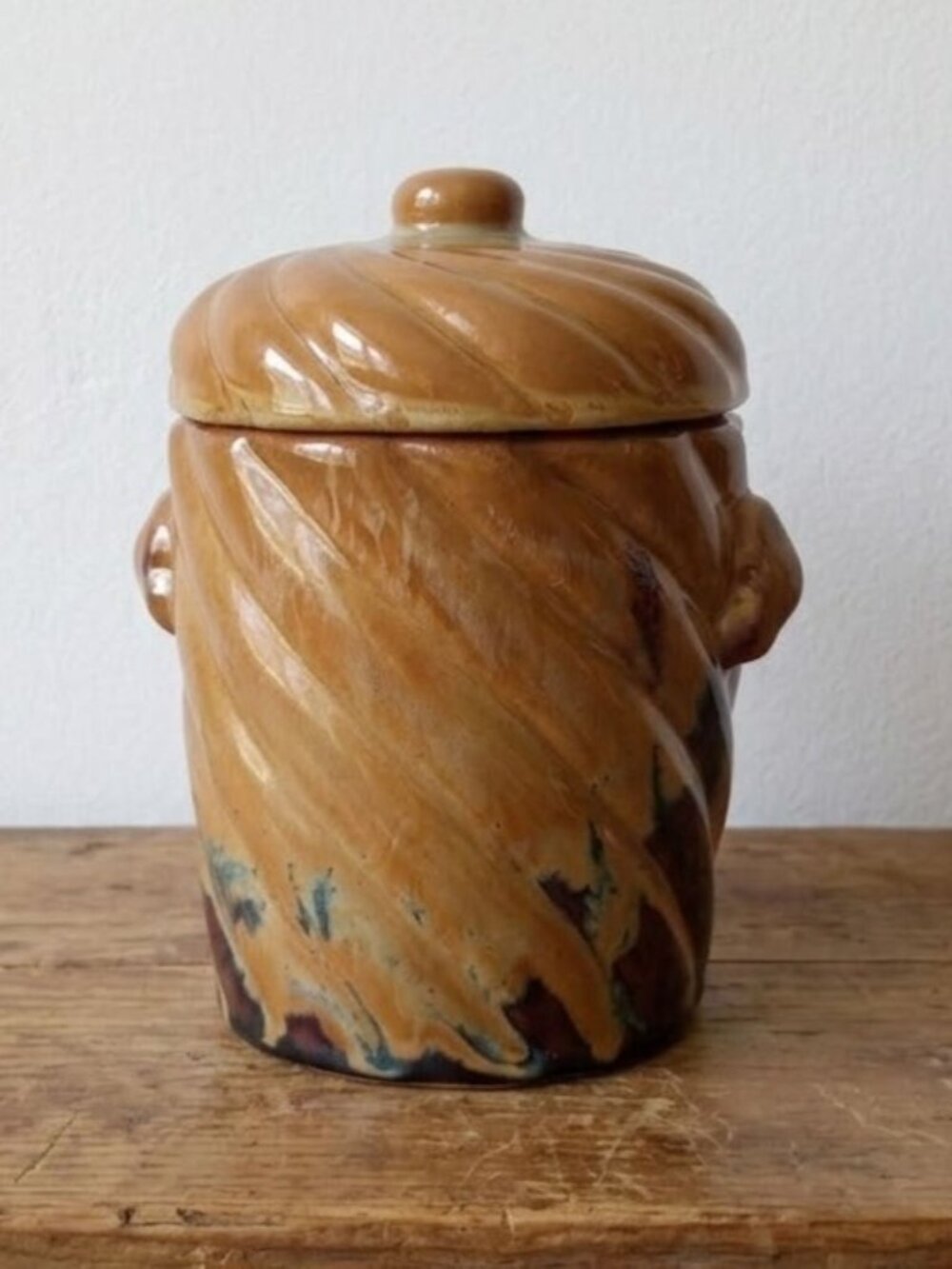 Handcrafted Artisan Pottery Lidded Jar Swirl Design Brown Glazed Stoneware Crock
